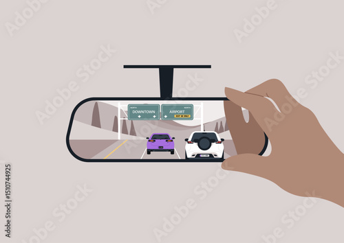 A hand grabs the rearview mirror, showing a stylish purple car next to a sleek white one, with signs directing to the airport and downtown, hinting at adventure ahead