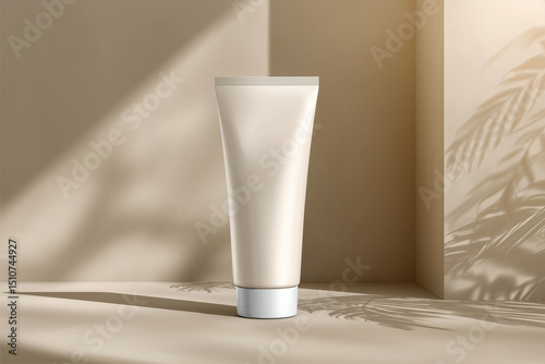Blank white cosmetic tube mockup stands upright against soft, neutral background, casting gentle shadows that create serene atmosphere. This minimalist design highlights product elegance
