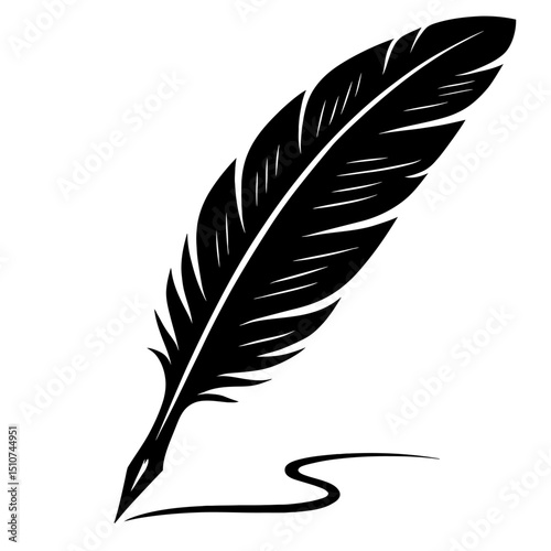 Monochrome vector illustration of a quill pen with an ink swirl, ideal for themes of writing, history, or signatures.