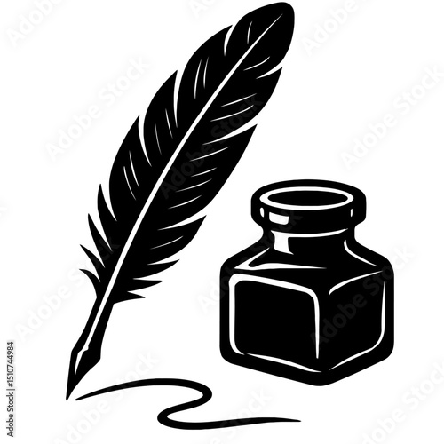 Monochrome vector illustration of a quill pen with an ink swirl next to an open inkwell, ideal for themes of writing, history, or literature.