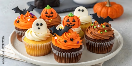 Delicious Halloween cupcakes with pumpkin and ghost decorations