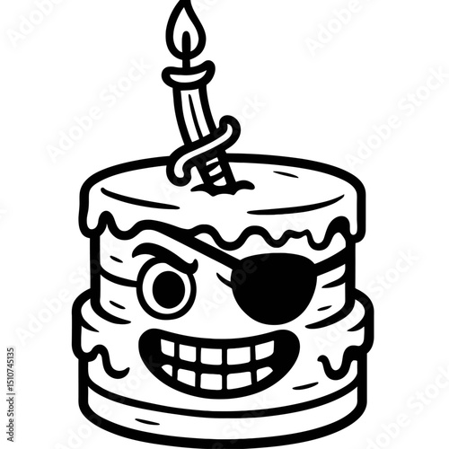 Monochrome vector illustration of a two-tiered birthday cake with icing, featuring a pirate face with an eyepatch, a wide grin, and a candle in the shape of a sword.