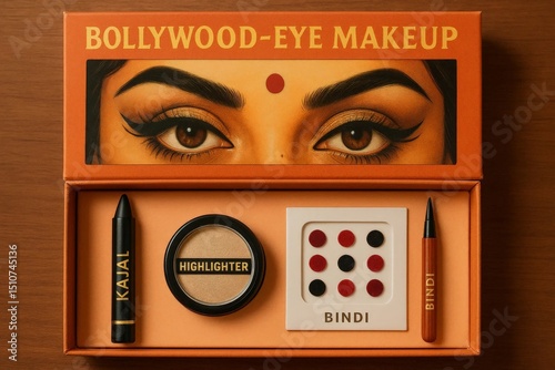 Bollywood eye makeup kit with kohl, highlighter, and bindi stickers in orange packaging box on wooden background, celebrating Indian beauty traditions. photo