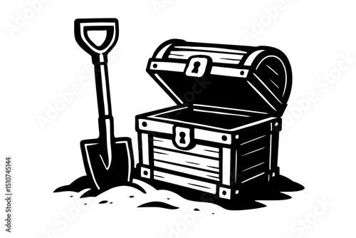 Monochrome vector illustration of an open treasure chest buried in sand next to a shovel, ideal for themes of treasure hunts, adventure, or discovery.