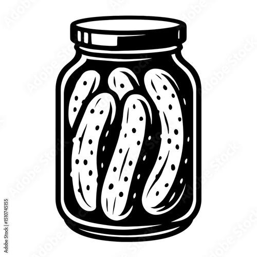 Monochrome vector illustration of a pickle jar filled with pickles, ideal for themes of food, canning, or homemade goods.