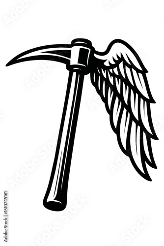 Monochrome vector illustration of a pickaxe with a single wing, ideal for themes of mining, innovation, or progress.