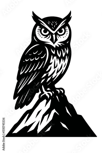 Monochrome vector illustration of a majestic owl perched on a rock, ideal for themes of wisdom, nature, or nocturnal animals.