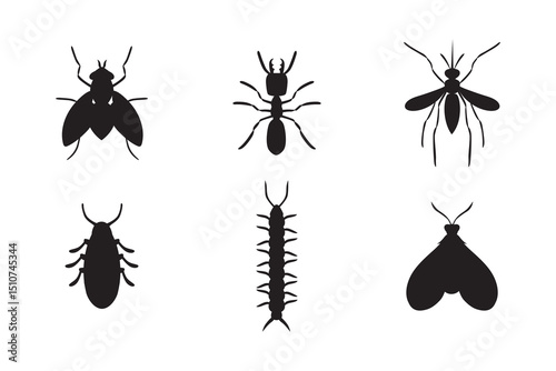 Set of black insect icons including cockroach, ant, mosquito, centipede, moth, and flea.
