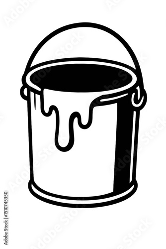 Monochrome vector illustration of an open paint can with dripping paint and a handle, ideal for themes of renovation, art, or DIY projects.