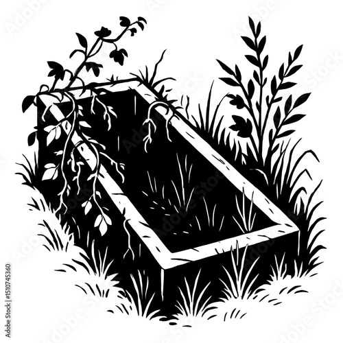Monochrome vector illustration of an empty wooden planter box with surrounding foliage and vines, ideal for themes of gardening, nature, or growth.