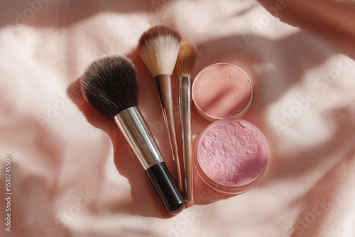 Makeup brushes and blush compact arranged on soft pink fabric, creating serene and elegant aesthetic. brushes are essential tools for applying makeup, enhancing beauty effortlessly