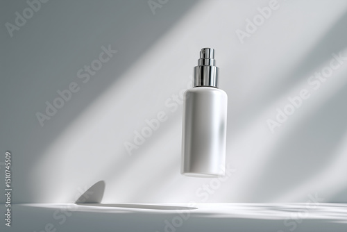 Minimal product mockup scene featuring floating cosmetic bottle with sleek design. soft shadows and light create elegant atmosphere, perfect for showcasing beauty products