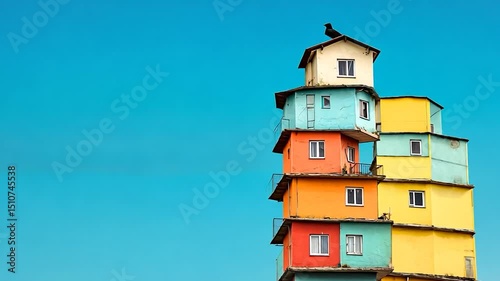 Colorful architecture tower against blue sky with bird whimsical stacked houses
