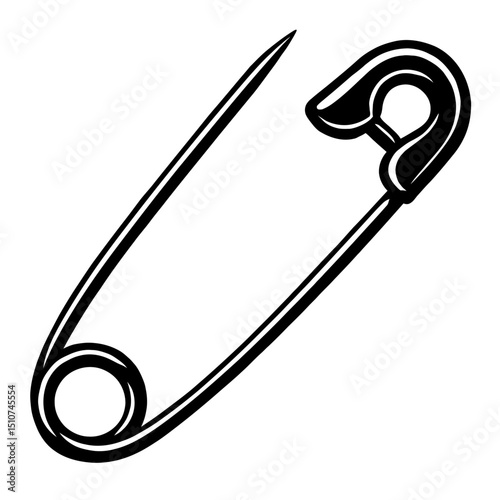 Monochrome vector illustration of an open safety pin, ideal for themes of sewing, fastening, or security.