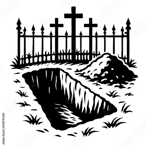 Monochrome vector illustration of an open grave with a pile of dirt, crosses, and a fence in the background, ideal for themes of death, Halloween, or memorials.