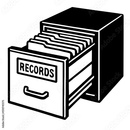 Monochrome vector illustration of a file cabinet with an open drawer labeled "RECORDS", ideal for themes of administration, organization, or data storage.
