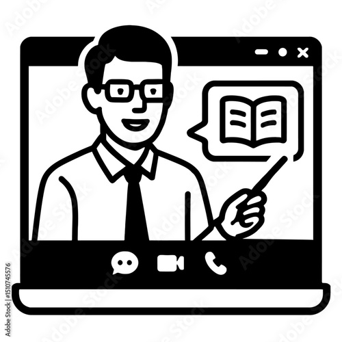 Monochrome vector illustration depicting an online tutoring session with a teacher on a laptop screen pointing to a book in a speech bubble, ideal for themes of e-learning, virtual classes, or remote 
