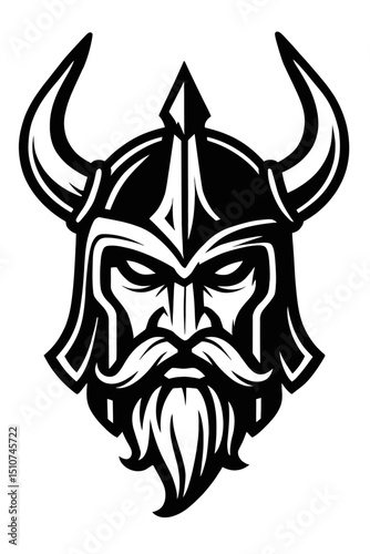 Monochrome vector illustration of a fierce Viking head with a horned helmet and beard, ideal for themes of mythology, warriors, or strength.
