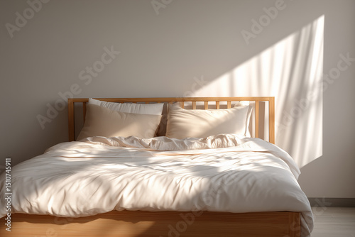 Cozy bedroom interior featuring wooden bed frame with soft white bedding and neutral colored pillows, illuminated by gentle sunlight streaming through window