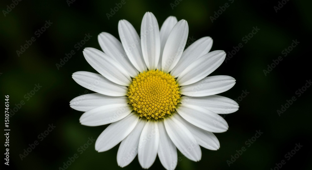 Fototapeta premium Close-up shot of a pristine daisy flower in full bloom. White petals surround golden-yellow center against dark background