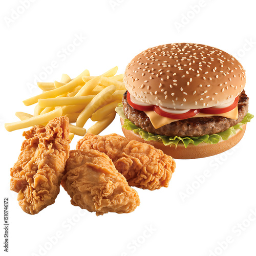 Delicious Cheeseburger Combo Meal with Crispy Chicken and French Fries