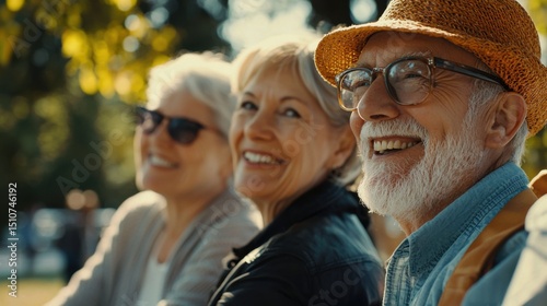 Group of happy elderly people bonding outdoors at the park - Old people in the age of 60, 70, 80 having fun and spending time together, concepts about elderly, seniority and wellness aging