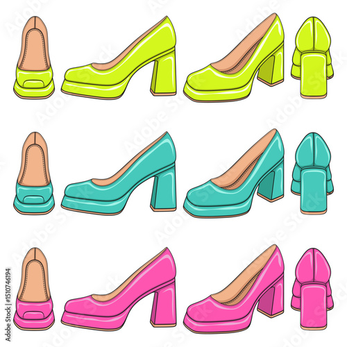 Set of color illustrations with women shoes on thick heels. Isolated vector objects on white background.