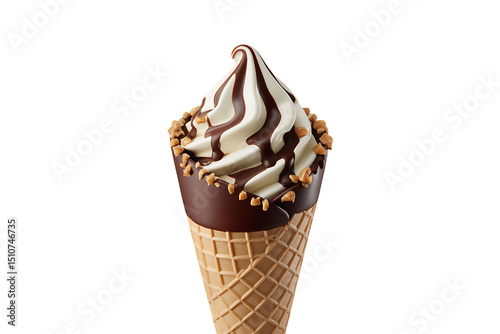 Delicious Vanilla Ice Cream Cone with Chocolate Drizzle and Nuts against a Black Background