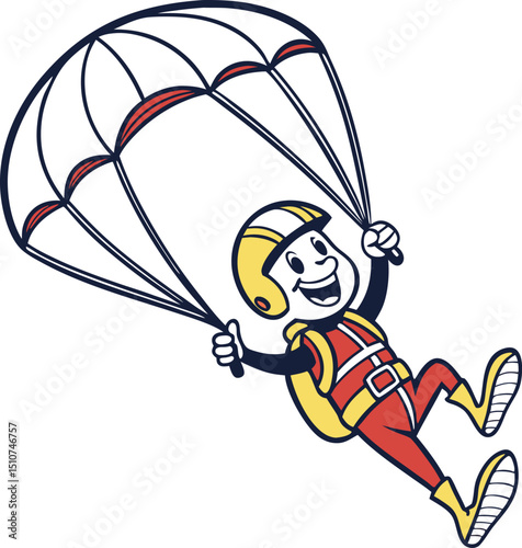 Retro cartoon skydiver with parachute