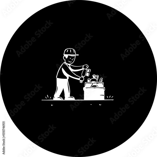 Artistic depiction of craftsman working tools on black background circle