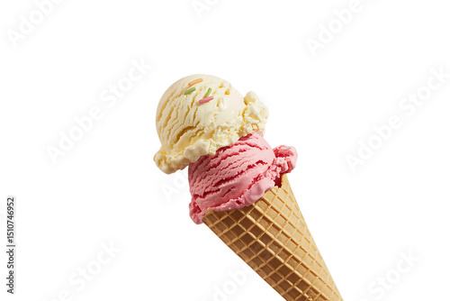 Delicious Double Scoop Ice Cream Cone with Vanilla and Strawberry Flavors on Black Background