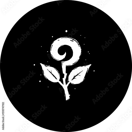 Monochromatic floral question mark emblem on a black circle background