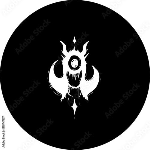 Abstract Symbol in Black Circle with White Inverted Crescent and Eye