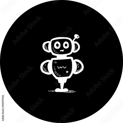 Whimsical robot doodle against a sleek black circle backdrop illustration