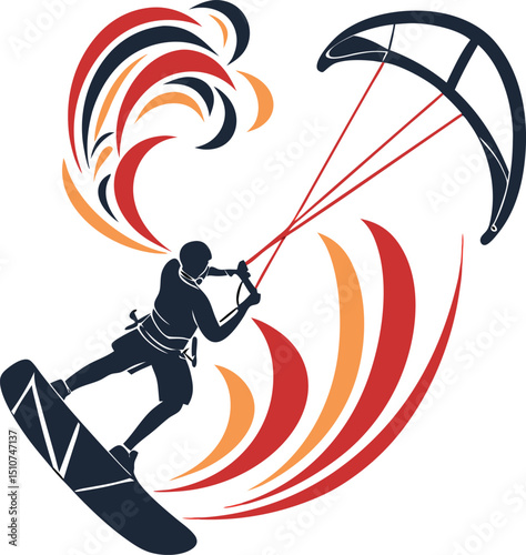 Kitesurfer silhouette with abstract wave design