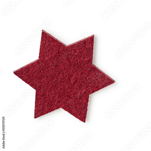 Christmas red star, fleece toy photography isolated on white background. Clipping path. Original shadow.