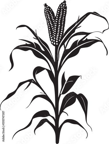 Silhouette of corn plant growing with leaves of vegetable harvest on white background