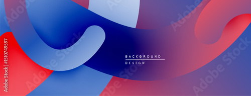 Abstract fluid shapes, vibrant blues, reds create dynamic background. Smooth gradients suggest movement, depth. Modern design element.