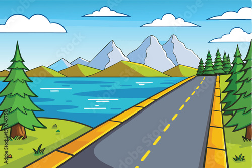 Scenic roadside landscape with mountains and lake