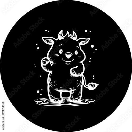Playful bovine character illustration within a circular frame, evoking lightheartedness