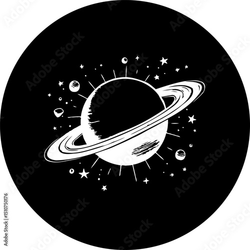 Stylized representation of a ringed planet surrounded by celestial bodies on black