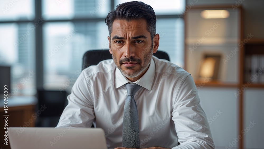 Obraz premium Determined businessman at desk with laptop