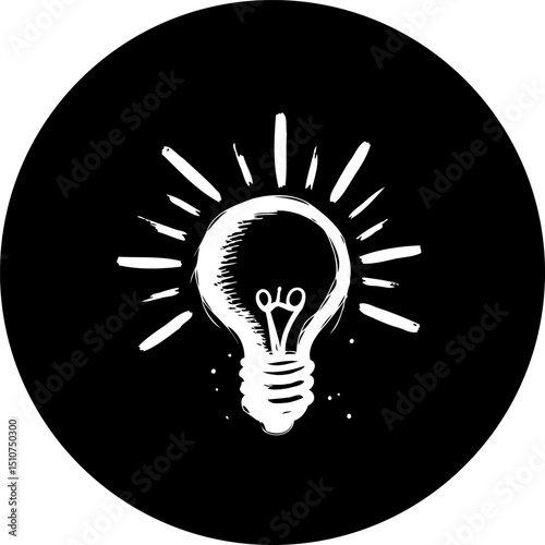 Stylized light bulb icon radiating energy on a solid black circular backdrop