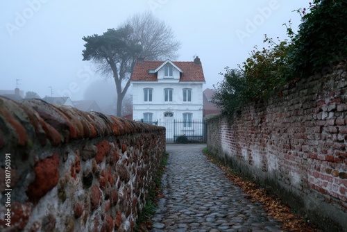 Home emerges from dense fog along narrow cobblestone pathway in tranquil neighborhood