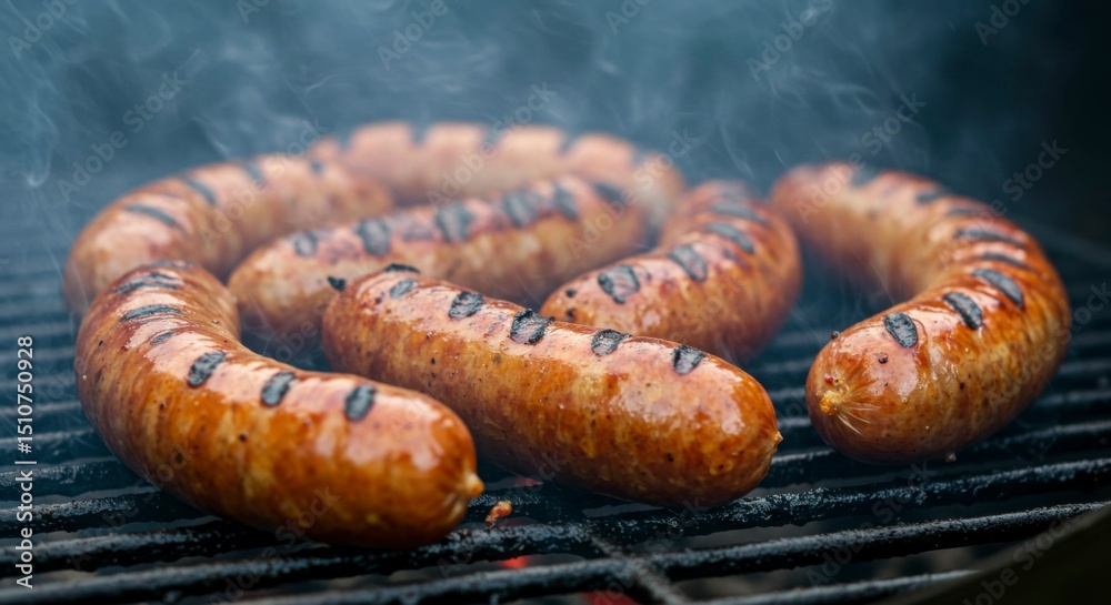 Fototapeta premium Juicy grilled sausages sizzle on a hot grill, emitting savory smoke. Perfectly browned, they're a delicious summer treat
