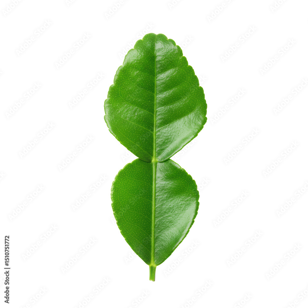 Obraz premium Ultra realistic UHD photo of a fresh, whole kaffir lime leaf, isolated on a clean transparent background, captured from a top view with clear contours and no shadows, concept for culinary ingredients