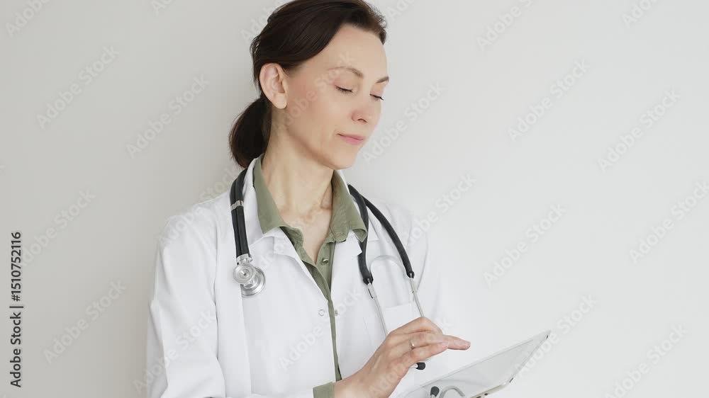 Confident doctor woman female medical professional wearing lab coat over green blouse and stethoscope is using digital tablet, representing modern healthcare and medical technology. Medicine concept Confident doctor woman female medical professional wearing lab coat over green blouse and stethoscope is using digital tablet, representing modern healthcare and medical technology. Medicine concept