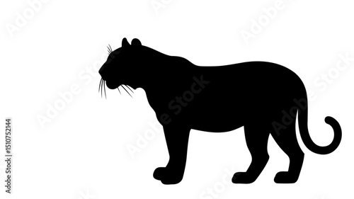 A black silhouette of a majestic, muscular tiger standing on all fours, with a long tail curved upwards. The background is plain white, emphasizing the powerful, sleek form of the animal.
