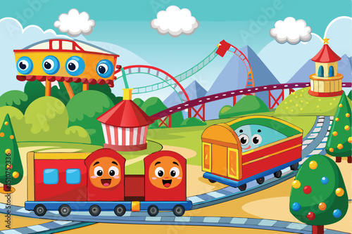 Amusement park train ride cartoon illustration