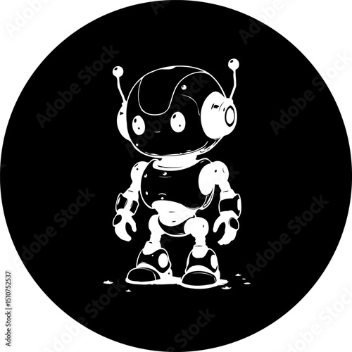 Stylized monochromatic illustration of a whimsical android character in dark space